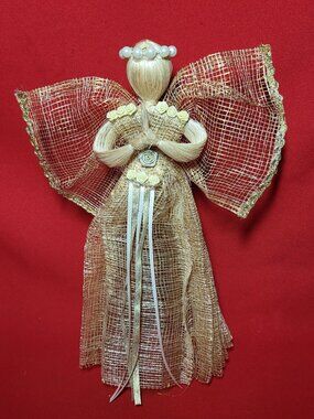 Vintage Burlap and  Gold Angel Home Decoration Treetop 12" H